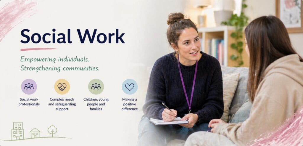 Social Work recruitment banner for Portman Recruitment showing a social worker meeting with a client